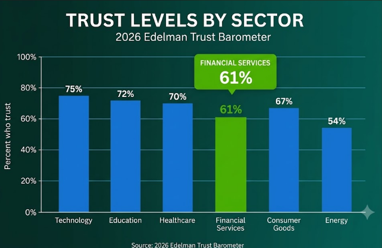 Bar chart showing financial services trust at 61 percent in 2026, toward the lower end of 17 sectors measured.