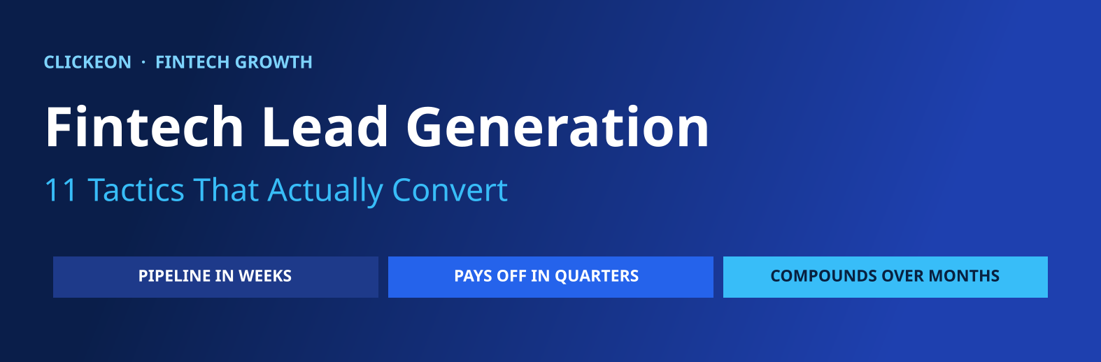 Cover banner for the article Fintech Lead Generation: 11 Tactics That Actually Convert, listing the three tactic speeds: weeks, quarters, and months